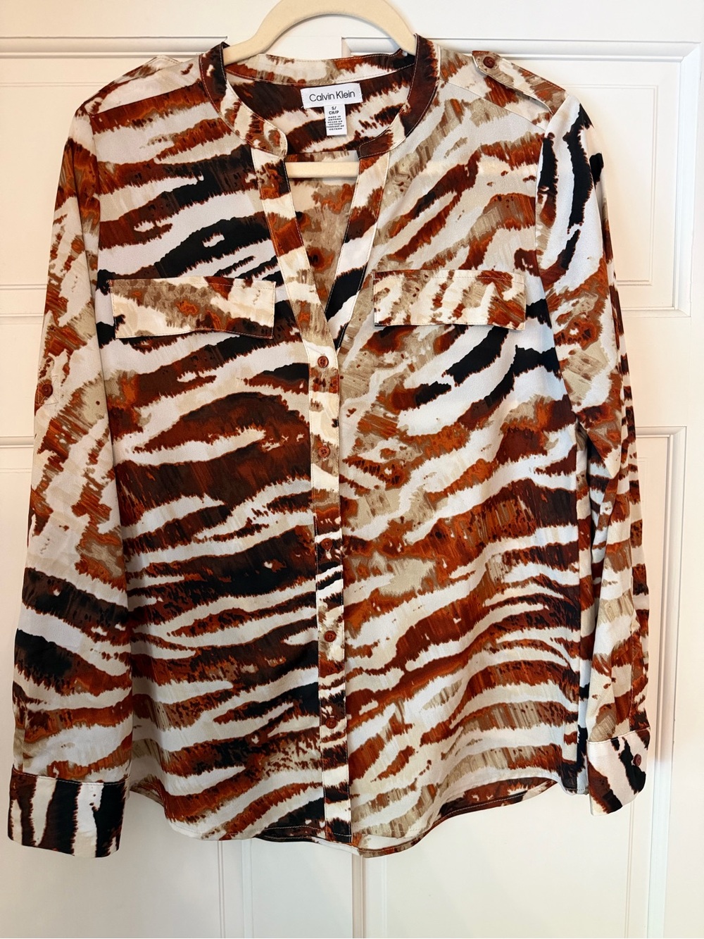 Calvin Klein women’s Brown White Black Animal-Print Button-Down Shirt